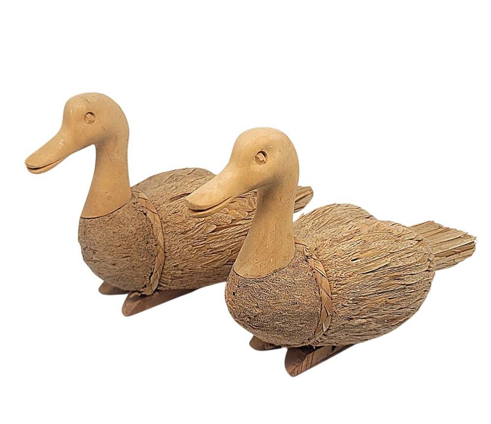 Vtg Lot Of 2 Duck Decoy Cork Straw Corn Husk Reed Wood Folk Art 6.5"x9" M8